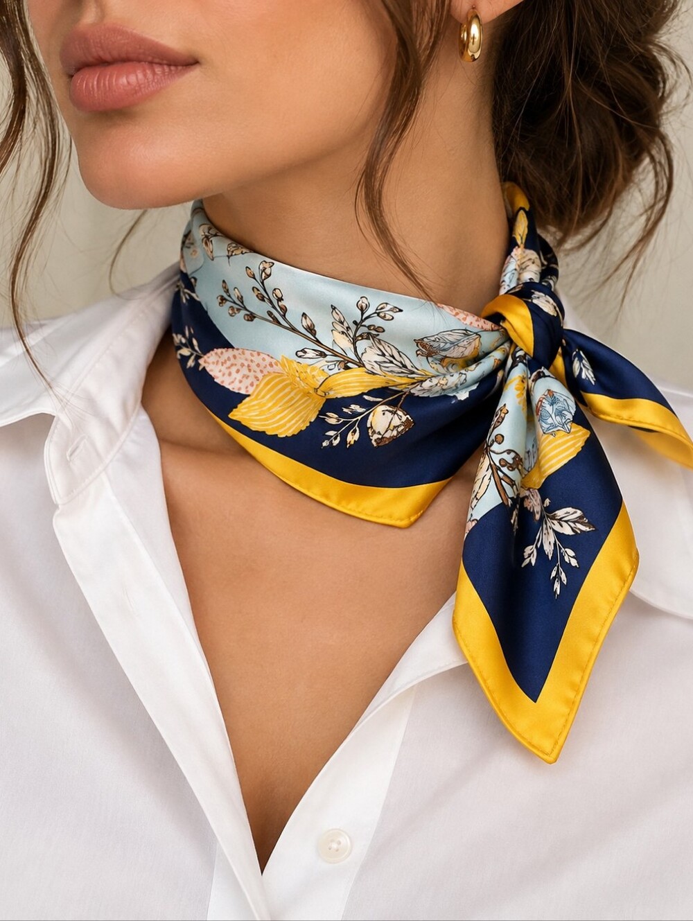 Silky Floral Square Scarf Blue Yellow 26” x 26”